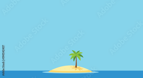 Tranquil Tropical Island Paradise with Solitary Palm Tree Amidst Vast Blue Ocean and Sky - A Symbol of Escape, Serenity, and Remote Solitude