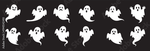 Collection Ghost Cute flat Halloween Funny and Spooky Faces isolated on black background.