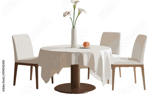 Elegant Round Dining Table with White Tablecloth, Three Upholstered Chairs, Vase of Calla Lilies, and Plate Holding a Peach