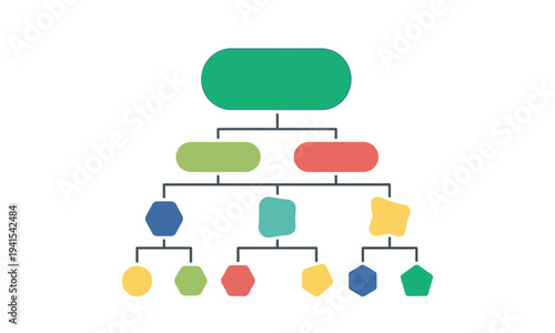 Dynamic visual representation of a business or project organizational structure, illustrating hierarchical relationships and interconnected processes with colorful nodes and connectors