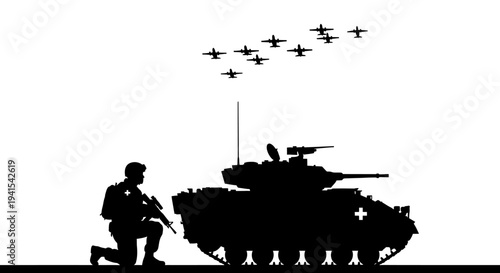 Silhouette of soldier, tank, and fighter jets in formation against white background