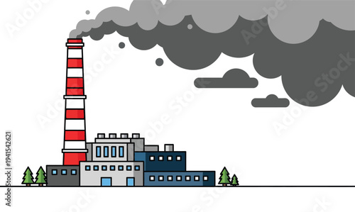 Stylized vector illustration of an industrial factory with a towering smokestack spewing dense, dark smoke into the atmosphere, highlighting significant air pollution and its environmental impact