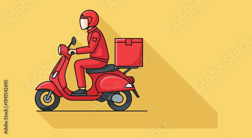 A delivery driver on a red scooter with a large box depicted in a striking flat style silhouette high quality professional