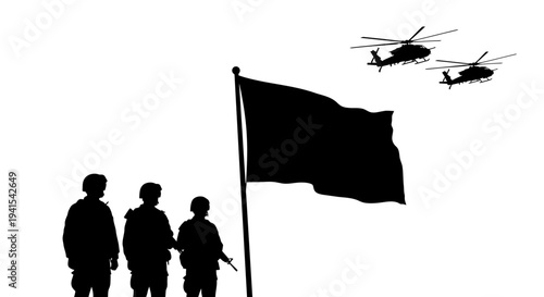 Silhouette of soldiers and helicopters with flag against white background