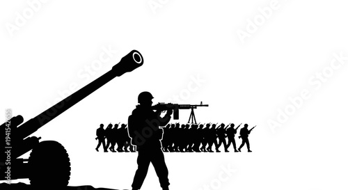Silhouette of Soldiers and Artillery Gun on White Background, Military Concept