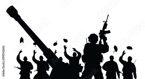Silhouette of soldiers celebrating victory with artillery and grenades against a white background