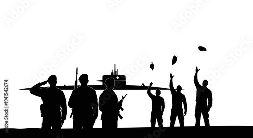 Silhouette of Soldiers and Submarine, Memorial Day, Veterans Day, Military Ceremony
