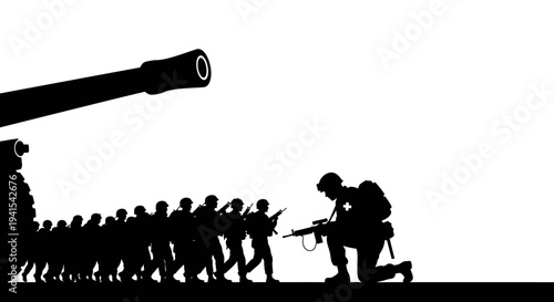 Silhouette of Soldiers Marching with Tank Barrel, Military Power Concept