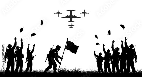 Silhouette of soldiers celebrating victory with paratroopers and aircraft in the sky