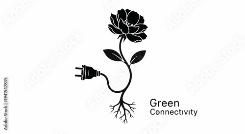 A stylized black flower with a power plug as its stem represents the concept of green energy and connectivity.