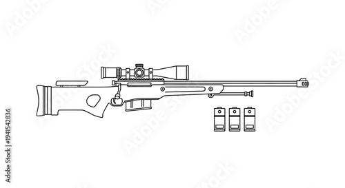 Sniper Rifle with Scope and Magazines Line Art Illustration