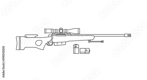 Sniper Rifle with Scope and Magazine - Line Drawing Illustration