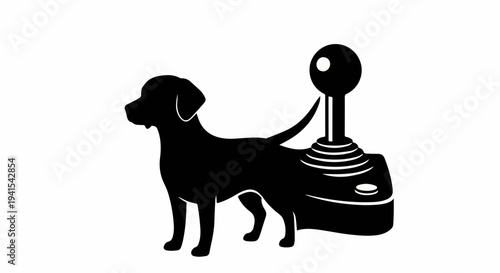 Silhouette of a dog interacting with a vintage joystick, representing gaming and companionship.