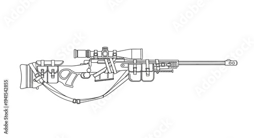 Sniper Rifle with Scope and Sling - Technical Drawing