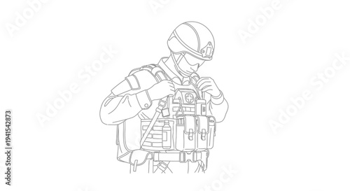 Soldier Adjusting Tactical Vest, Military Gear, Protective Equipment, Focused Soldier