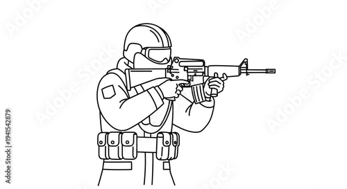 Soldier aiming rifle, tactical gear, military, combat, action pose, illustration