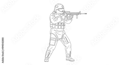 Soldier Aiming Rifle, Tactical Gear, Military Action, Combat Ready