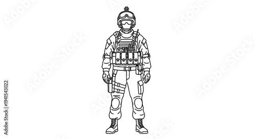 Soldier in Full Combat Gear, Military Uniform, Tactical Vest, Helmet, and Boots - Line Art Illustration