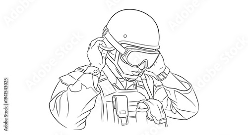 Soldier in tactical gear putting on protective goggles, military helmet, and vest