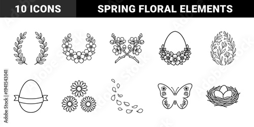 Spring easter celebration elements in monoline black and white style. Decorative floral wreaths, butterfly, bird nest, and patterned eggs for seasonal greeting cards.