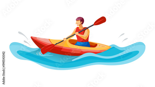 Man Kayaking Water Sport Outdoor Adventure Illustration