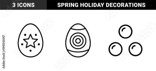 Easter egg celebration and spring holiday decoration elements. Minimalist monoline graphic featuring star patterned and concentric circle egg designs.