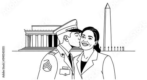 Soldier kisses woman in front of Washington DC landmarks