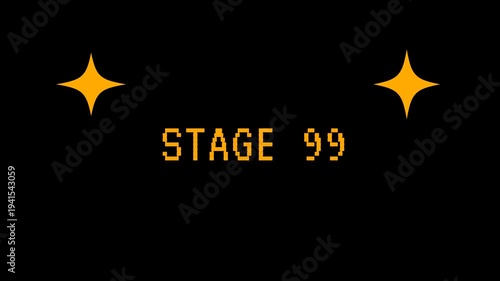 Pixel art STAGE 99 title screen with sparkling stars, a retro video game concept. 4K video animation for video game.