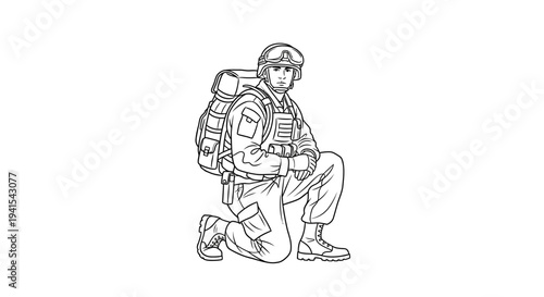Soldier kneeling with backpack, military equipment, tactical gear, army uniform, outdoor, ready for action