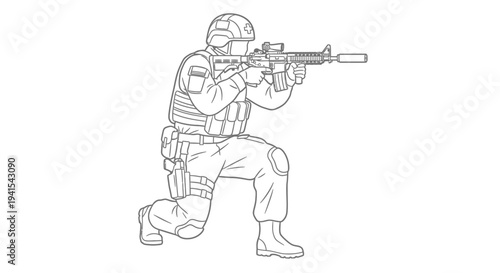 Soldier Kneeling Aiming Assault Rifle, Tactical Gear, Military Combat Pose