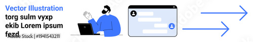 Digital communication, online messaging, user interaction, workflow illustration, remote interaction, technology concept. Person using a laptop next to a chat interface. Digital communication