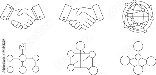 Set of 6 Outline Business and Network Icons Vector for Digital Marketing, Global Communication, and Partnership Concepts isolated PNG with Transparent Background