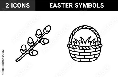 Spring seasonal symbols and religious holiday elements featuring an Easter basket and pussy willow branch. Thick monoline style for festive greeting cards and nursery decor.