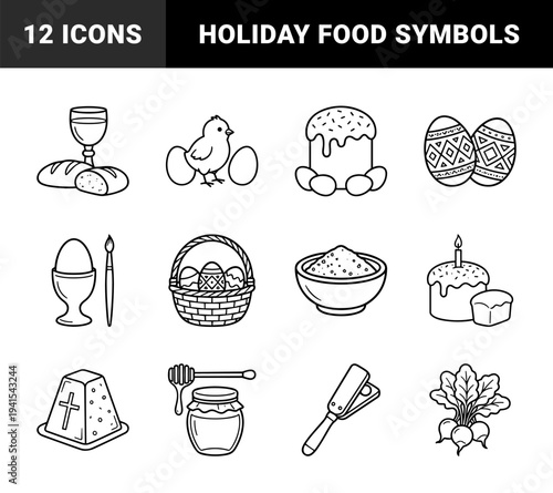 Eastern Orthodox Easter traditions and festive food line art. Minimalist monoline symbols featuring Paska bread, painted eggs, and religious ceremonial elements.