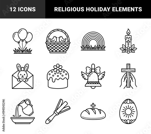 Easter holiday religious and traditional celebration elements featuring Christian symbols and seasonal spring imagery in a clean monoline style.