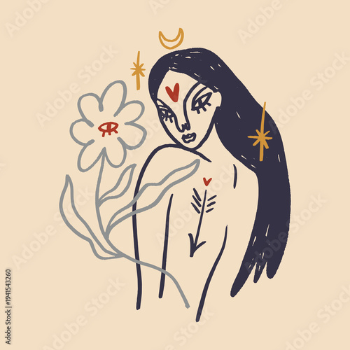 Boho sacred magic woman mystical symbol flat holistic healing meditation, reiki new age concept modern abstract silhouette divine feminine botanical silhouette vector moon child mystical mother earth