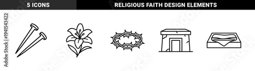 Easter and Holy Week religious symbols for Christian holiday design. Technical monoline graphics featuring crown of thorns, lily, and empty tomb.