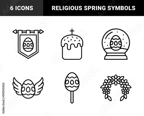 Easter holiday celebration elements and religious spring symbols. Thick monoline linear pictograms featuring traditional cake, decorated eggs, and floral wreath.