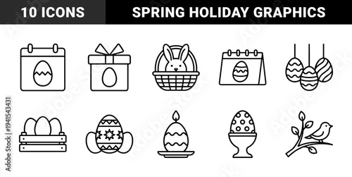 Easter holiday celebration linear graphics for seasonal greeting cards. Minimalist monoline pictograms featuring spring bunny, decorated eggs, and festive calendar events.
