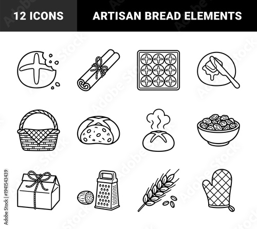 Artisanal bakery and breakfast line art featuring sourdough bread, cinnamon sticks, wheat stalks, and coffee for cafe branding and menu design.