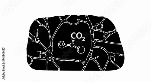 Carbon dioxide molecule trapped within porous black material, illustrating CO2 capture