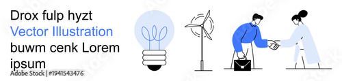 Renewable energy, eco-friendly solutions, green collaboration, sustainability, teamwork, environmental innovation. lightbulb, wind turbine and two people shaking hands. Focuses on renewable energy