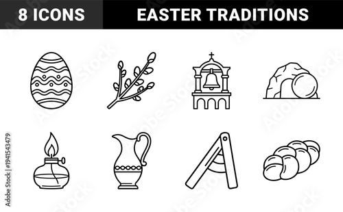 Orthodox Easter traditions and religious celebration elements. Minimalist monoline symbols featuring paschal egg, pussy willow, empty tomb, and ceremonial bread.