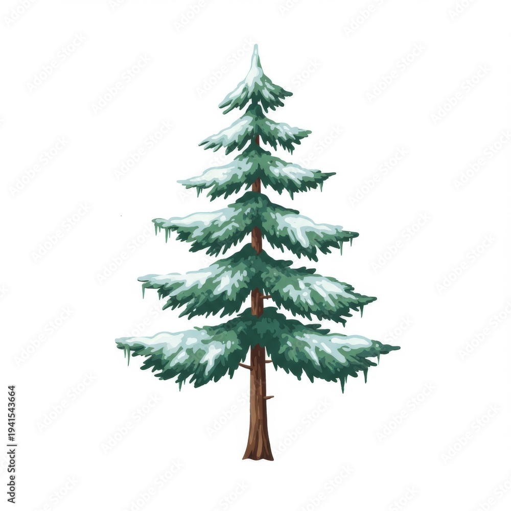 Fototapeta premium Pixelated Evergreen Tree Covered with Snow Against a White Background
