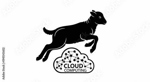 Energetic lamb leaps over a stylized cloud representing cloud computing.