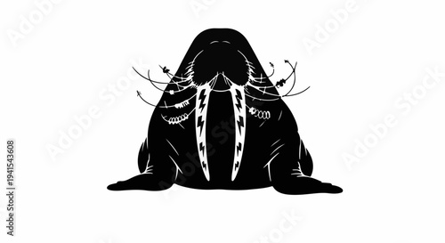 Stylized black and white illustration of a walrus with organic vine elements