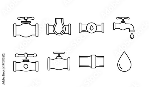 Pipe valve and plumbing thin line icons water pipe faucet control