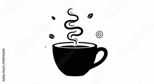 Steaming cup of coffee with scattered beans, evoking warmth and aroma.