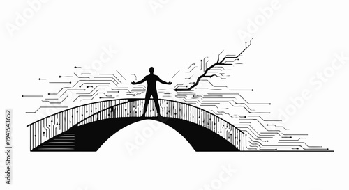 Silhouette of a person standing on a bridge, symbolizing the connection between humanity and technology.