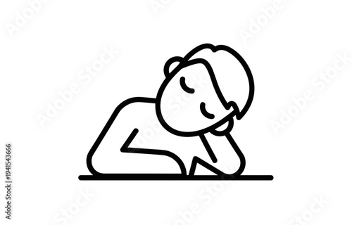 Line drawing of tired young man resting his head on his arm  